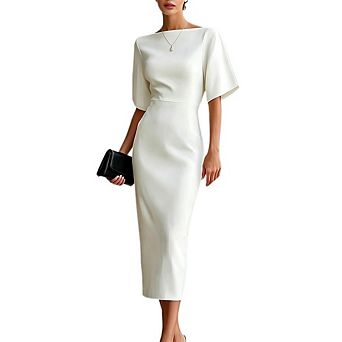 Women's Boat Neck Flutter Sleeve Bodycon Elegant Midi Dress Fitted Waist Dressy Casual Office Dress