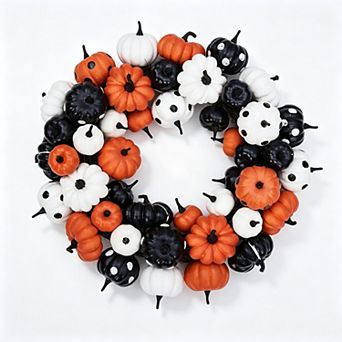 18 Inch Pumpkin Wreath, Fall Farmhouse Wreath Halloween Door Decor with Rattan Base