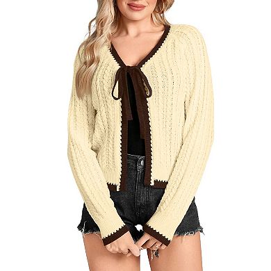Womens Tie Front Knit Cardigan Long Sleeve Open Front Lightwight Outerwear