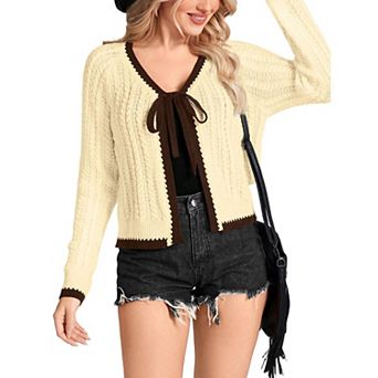 Womens Tie Front Knit Cardigan Long Sleeve Open Front Lightwight Outerwear