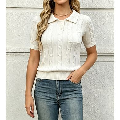 Women's Cable Knit Polo Short Sleeve Sweater Ribbed Collar Pullover Casual Daily Knit Top