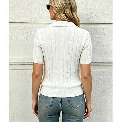 Women's Cable Knit Polo Short Sleeve Sweater Ribbed Collar Pullover Casual Daily Knit Top