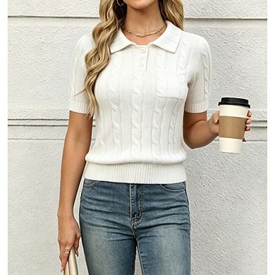 Women's Cable Knit Polo Short Sleeve Sweater Ribbed Collar Pullover Casual Daily Knit Top
