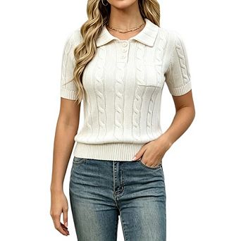 Women's Cable Knit Polo Short Sleeve Sweater Ribbed Collar Pullover Casual Daily Knit Top