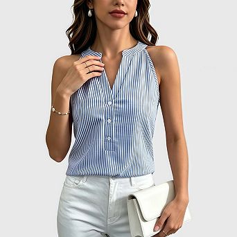 Women Striped Sleeveless V Neck Tank Top Summer Casual Button Front Tee Shirt