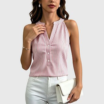 Women Striped Sleeveless V Neck Tank Top Summer Casual Button Front Tee Shirt