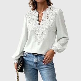 Womens Dressy Lace Blouse V Neck Ruffle Long Sleeve Crochet Casual Boho Shirt Tops