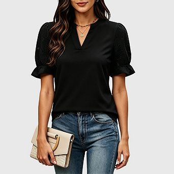 Women's Lace Eyelet Blouse V Neck Short Sleeve Loose Fit Dressy Casual Party Tops