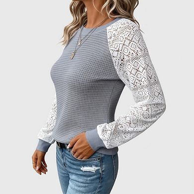 Womens Lace Long Sleeve Shirt Waffle Knit Dreesy Casual Work Sweaters Tunic Tops