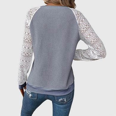 Womens Lace Long Sleeve Shirt Waffle Knit Dreesy Casual Work Sweaters Tunic Tops