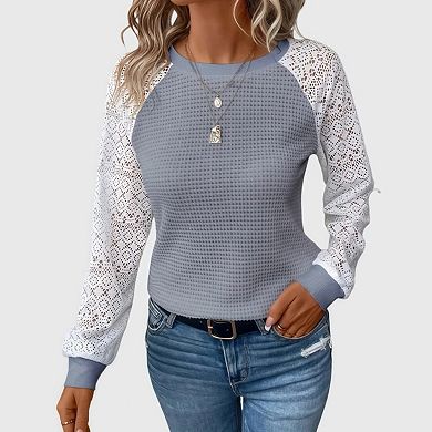 Womens Lace Long Sleeve Shirt Waffle Knit Dreesy Casual Work Sweaters Tunic Tops