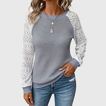 Womens Lace Long Sleeve Shirt Waffle Knit Dreesy Casual Work Sweaters Tunic Tops