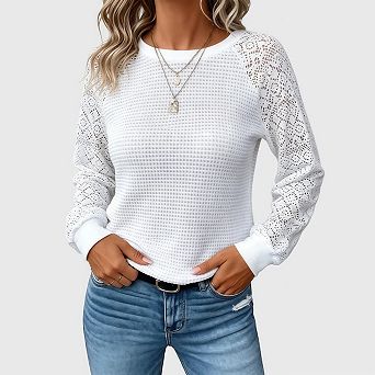 Womens Lace Long Sleeve Shirt Waffle Knit Dreesy Casual Work Sweaters Tunic Tops