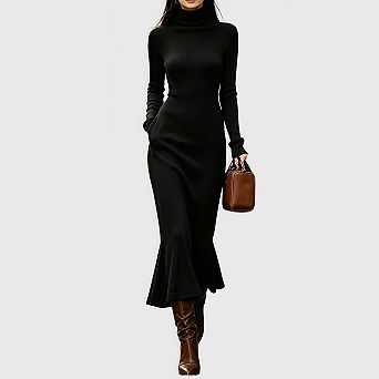 Women's Fall Long Sleeve Maxi Dress Knit Mock Turtleneck Bodycon Casual Going Out Outfits