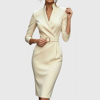 Women's Midi Work Dress 3/4 Sleeve V-Neck Bodycon Pencil Outfit for Casual Business
