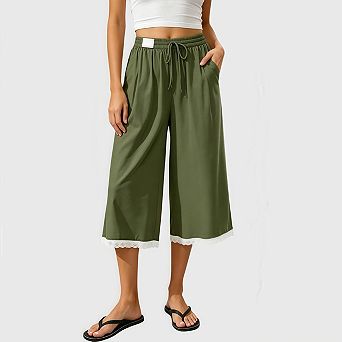Women's Cotton Capri Pants Wide Leg Flowy Culottes Summer Casual Elastic Waist with Pockets