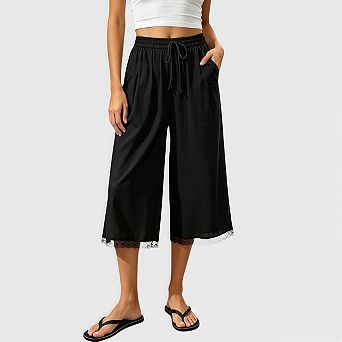 Women's Cotton Capri Pants Wide Leg Flowy Culottes Summer Casual Elastic Waist with Pockets