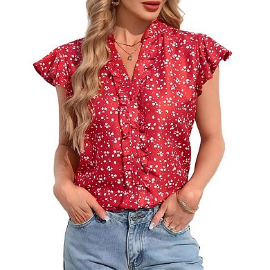 Women's Ruffle Short Sleeve Summer v Neck Button Down Shirt Solid Color Going Out Tops