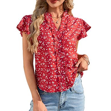 Women's Ruffle Short Sleeve Summer v Neck Button Down Shirt Solid Color Going Out Tops