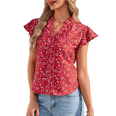 Women's Ruffle Short Sleeve Summer v Neck Button Down Shirt Solid Color Going Out Tops