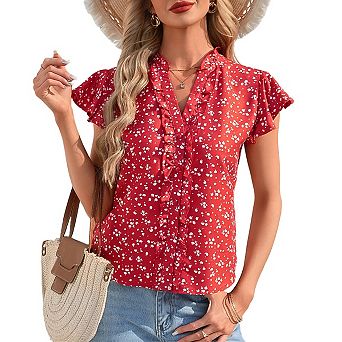 Women's Ruffle Short Sleeve Summer v Neck Button Down Shirt Solid Color Going Out Tops