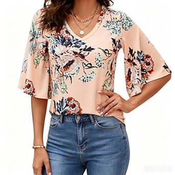 Women's 3/4 Sleeve Tunic Tops Casual V Neck Shirts Floral Printed Loose Fit Pleated Blouses