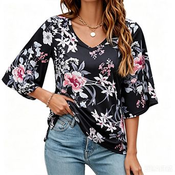 Women's 3/4 Sleeve Tunic Tops Casual V Neck Shirts Floral Printed Loose Fit Pleated Blouses