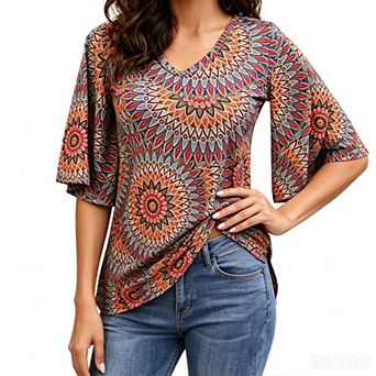 Women's 3/4 Sleeve Tunic Tops Casual V Neck Shirts Floral Printed Loose Fit Pleated Blouses