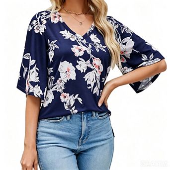 Women's 3/4 Sleeve Tunic Tops Casual V Neck Shirts Floral Printed Loose Fit Pleated Blouses
