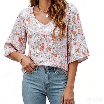 Women's 3/4 Sleeve Tunic Tops Casual V Neck Shirts Floral Printed Loose Fit Pleated Blouses