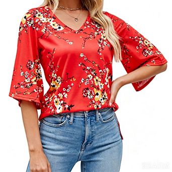Women's 3/4 Sleeve Tunic Tops Casual V Neck Shirts Floral Printed Loose Fit Pleated Blouses