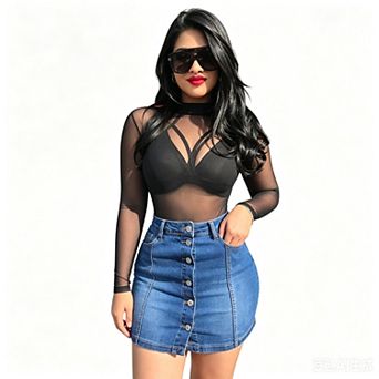 Women Bodycon Button Down Front Denim Short Skirt