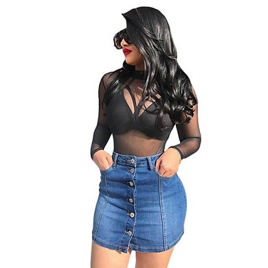Women Bodycon Button Down Front Denim Short Skirt