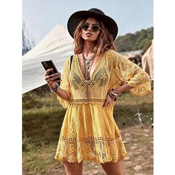 Women's Lace Cover Up, v-Neck Hollow Out Swimsuit Beach Dress for Pool Vacation