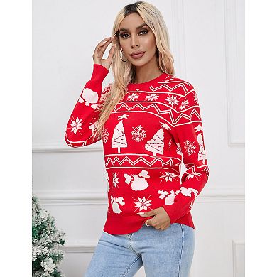 Women Christmas Reindeer Snowflake Knit Sweater Crew Neck Long Sleeve Winter Pullover