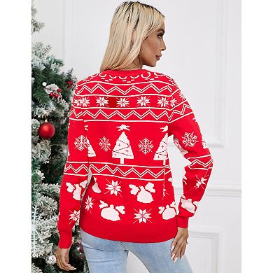 Women Christmas Reindeer Snowflake Knit Sweater Crew Neck Long Sleeve Winter Pullover