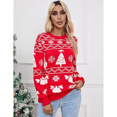 Women Christmas Reindeer Snowflake Knit Sweater Crew Neck Long Sleeve Winter Pullover