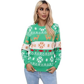 Women Christmas Reindeer Snowflake Knit Sweater Crew Neck Long Sleeve Winter Pullover