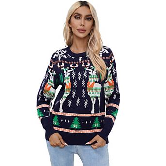 Women Christmas Reindeer Snowflake Knit Sweater Crew Neck Long Sleeve Winter Pullover