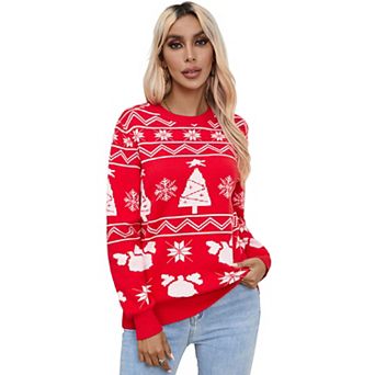 Women Christmas Reindeer Snowflake Knit Sweater Crew Neck Long Sleeve Winter Pullover