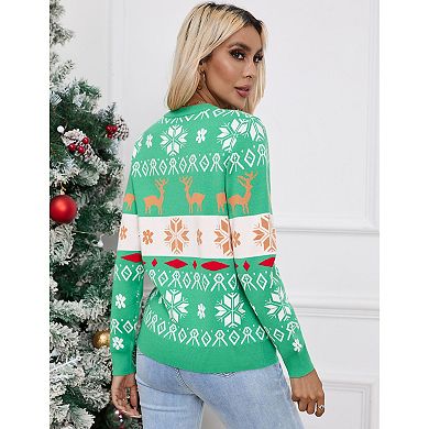Womens Long Sleeve Xmas Knit Pullover Reindeer Tree Snowflake Jacquard Crew Neck Sweater