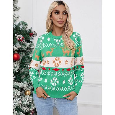 Womens Long Sleeve Xmas Knit Pullover Reindeer Tree Snowflake Jacquard Crew Neck Sweater