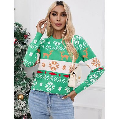 Womens Long Sleeve Xmas Knit Pullover Reindeer Tree Snowflake Jacquard Crew Neck Sweater