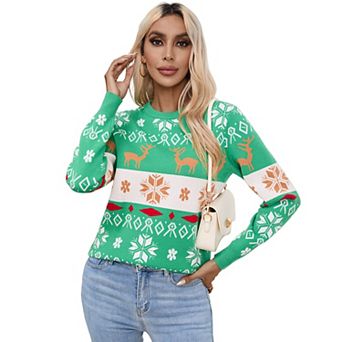 Womens Long Sleeve Xmas Knit Pullover Reindeer Tree Snowflake Jacquard Crew Neck Sweater