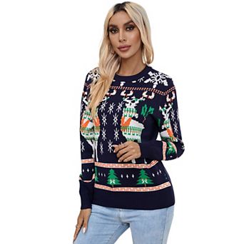 Womens Long Sleeve Xmas Knit Pullover Reindeer Tree Snowflake Jacquard Crew Neck Sweater