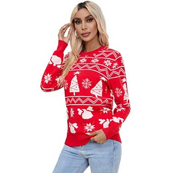 Womens Long Sleeve Xmas Knit Pullover Reindeer Tree Snowflake Jacquard Crew Neck Sweater