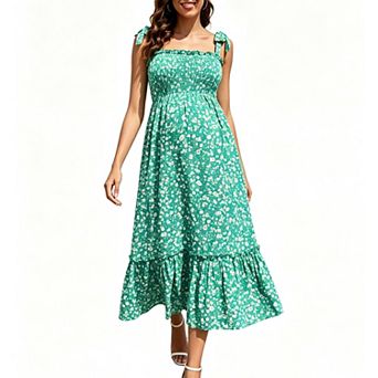 Women's Summer Adjustable Tie Strap Smocked Sun Soft Maxi Dress Casual Ruffle Cami Swing Long Dress