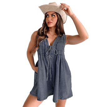 Women Loose Sleeveless Denim Romper Tie Front Short Overall