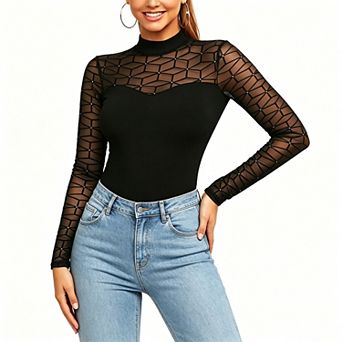 Women's Mock Neck Mesh Rhinestone Bodysuit, Long Sleeve Sheer Grid Fitted Layering Bodysuit
