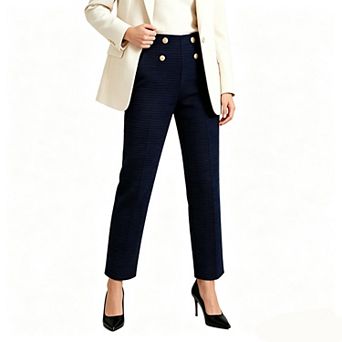 Women's High Waist Double Button Textured Straight Leg Pants, Ankle Length Dress Trousers
